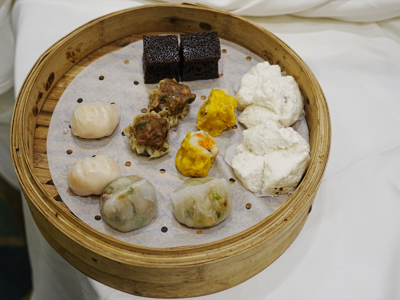Assortment of traditional Hong Kong dim sum dishes in bamboo steamers