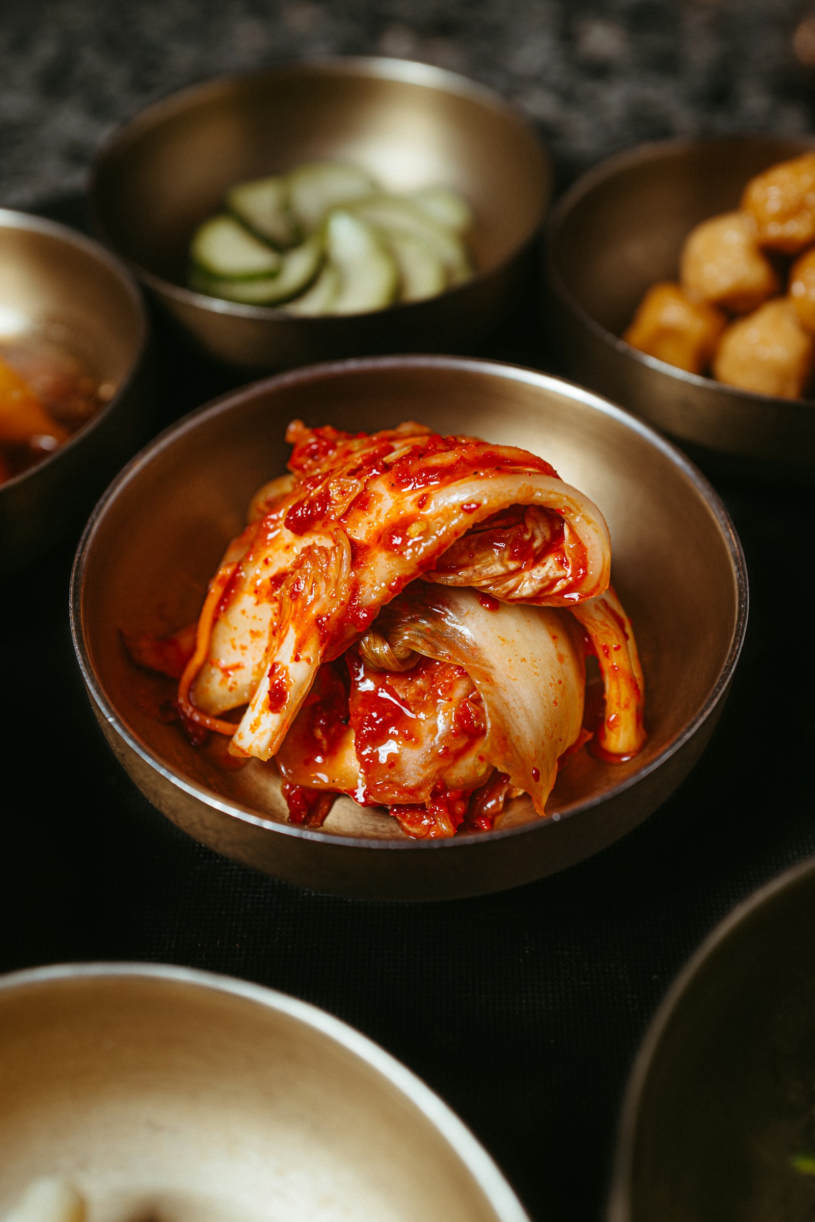 Authentic Korean kimchi in traditional steel bowl