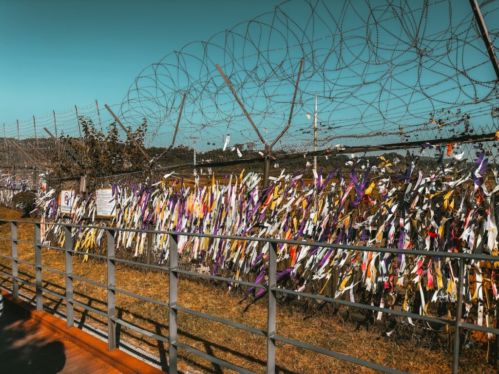 Korean DMZ border fence and military guard post