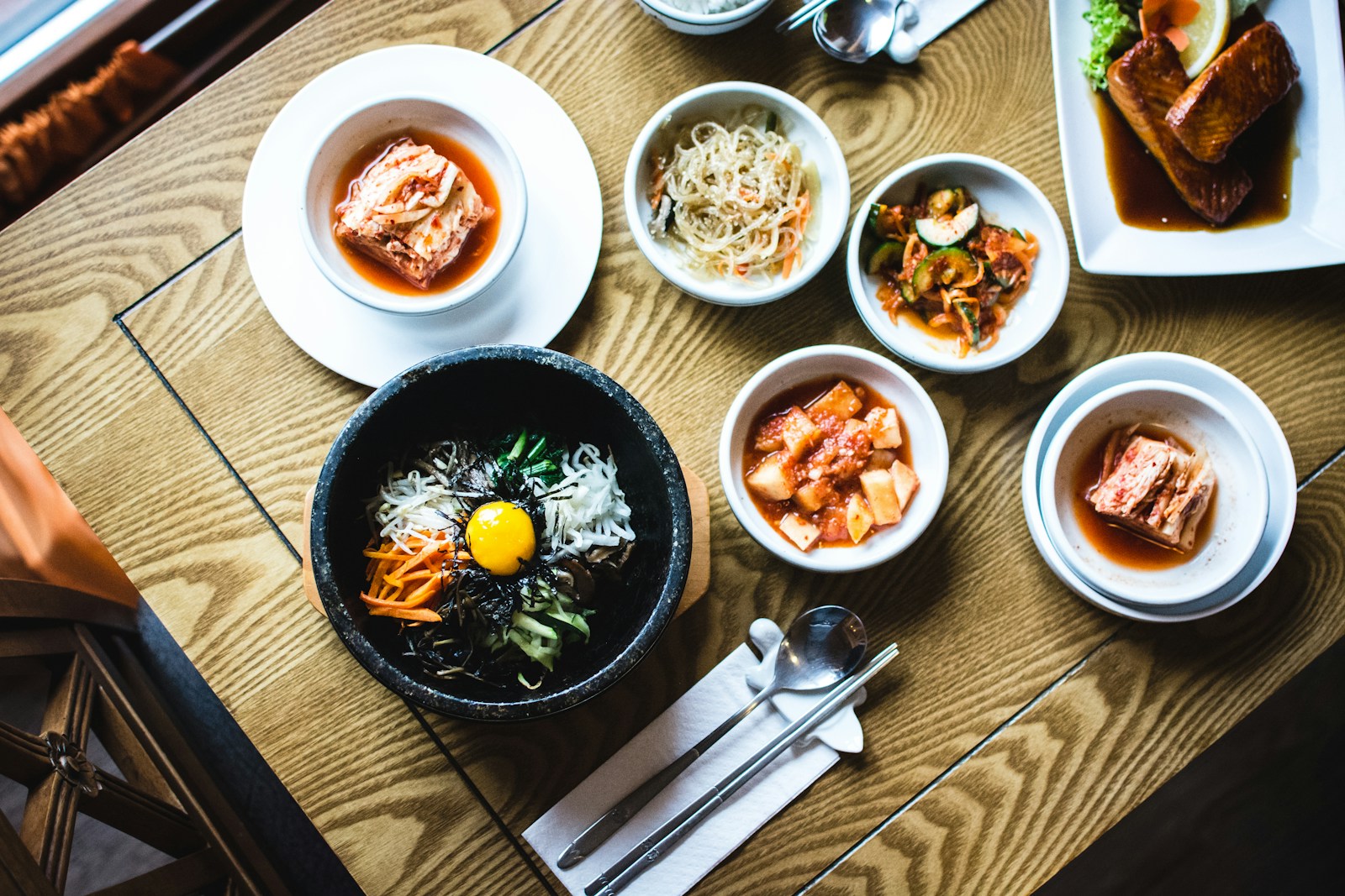 Korean bibimbap and banchan spread