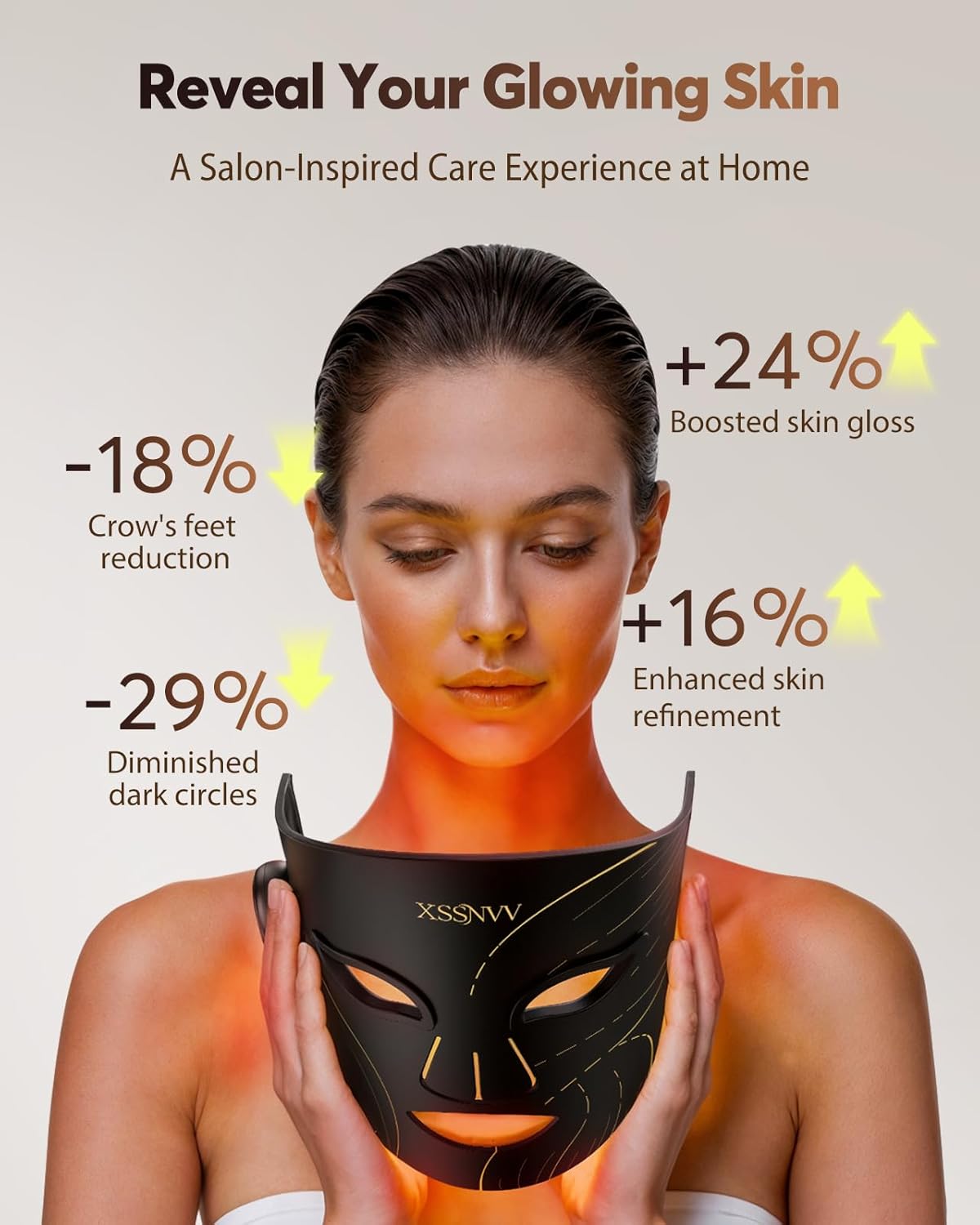 LED face mask results — reduced crow's feet, diminished dark circles, boosted skin gloss and refinement