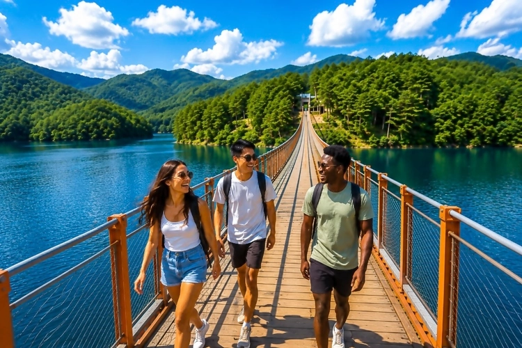 Tourists crossing the Lake Majang suspension bridge