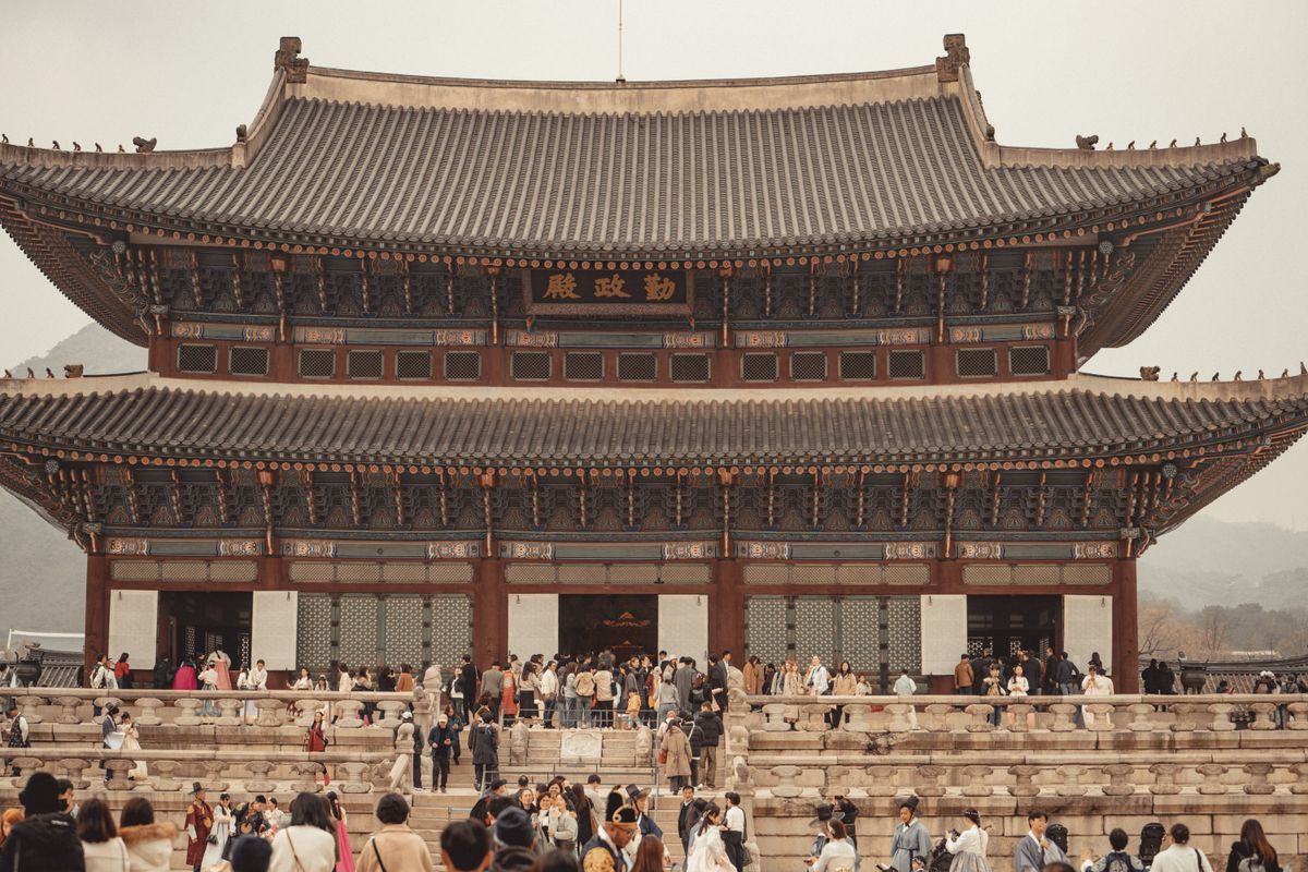 Tourists visiting Gyeongbokgung Palace Seoul South Korea