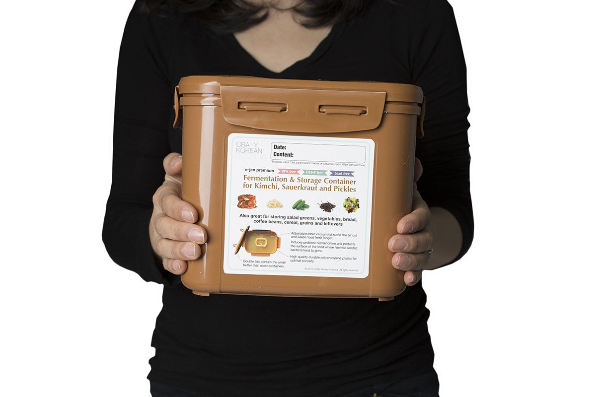 Holding the Crazy Korean Cooking kimchi container