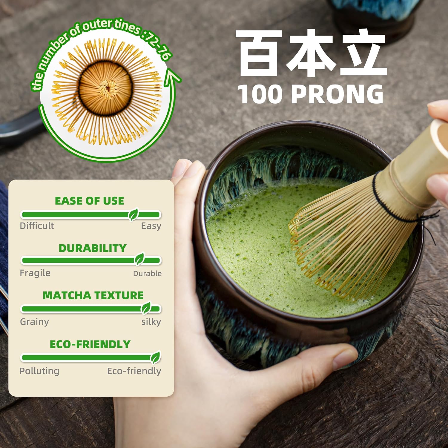 Whisking matcha with the TEANAGOO bamboo chasen in the crackle-glaze bowl