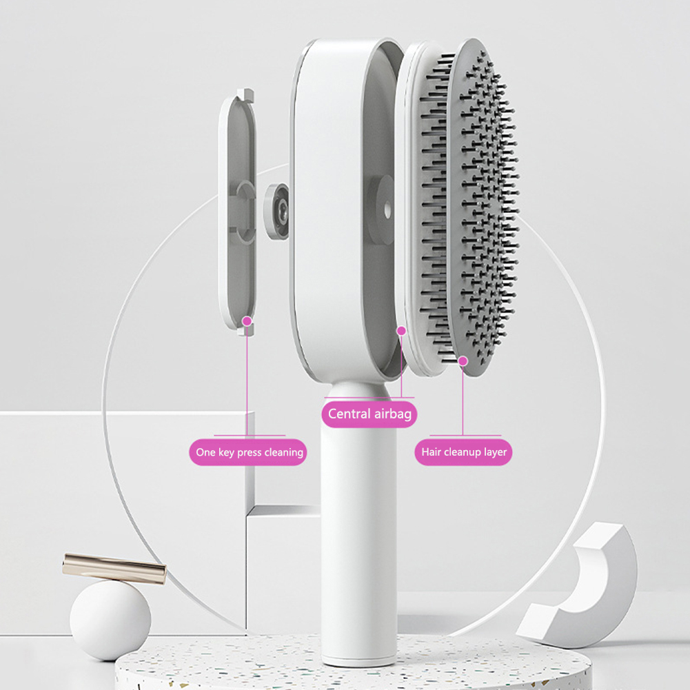 Exploded diagram showing the one-key press cleaning mechanism, central airbag, and hair cleanup layer